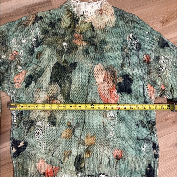 R13 DistressedPrinted Oversized Turquoise Floral Crewneck Sweater XS - Picture 4 of 8